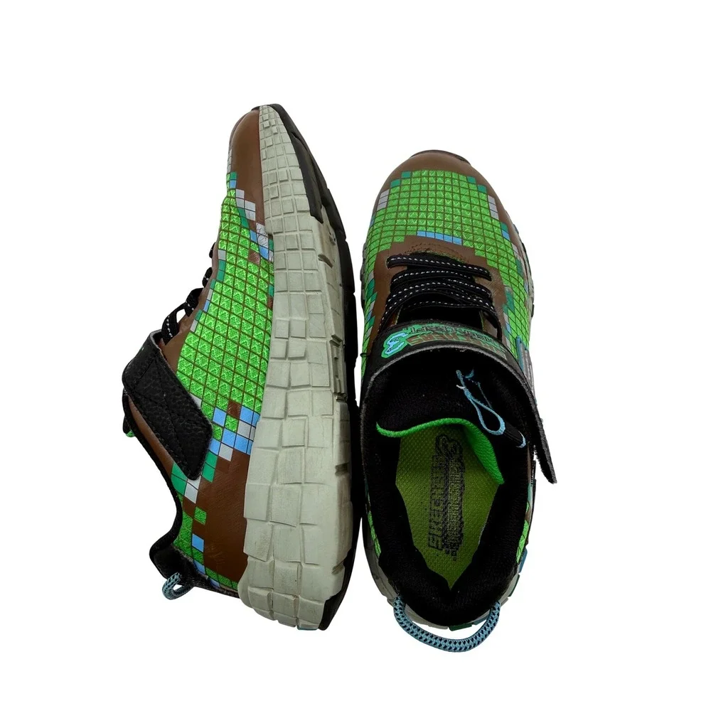 Skechers Mega-Craft Sneakers Boys Size 5 Green Brown Pixel Block Athletic